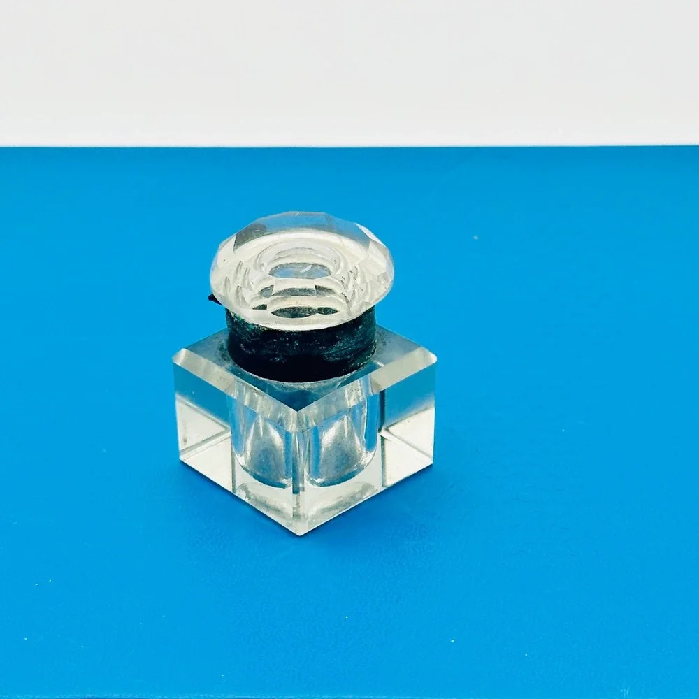 Antique Glass & Metal Inkwell Square Hinged Faceted Lid Desk Accessory